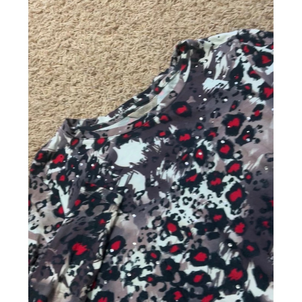 Laura Ashley Women's Leopard Print Long Sleeve Top Rhinestone Embellished Size L
